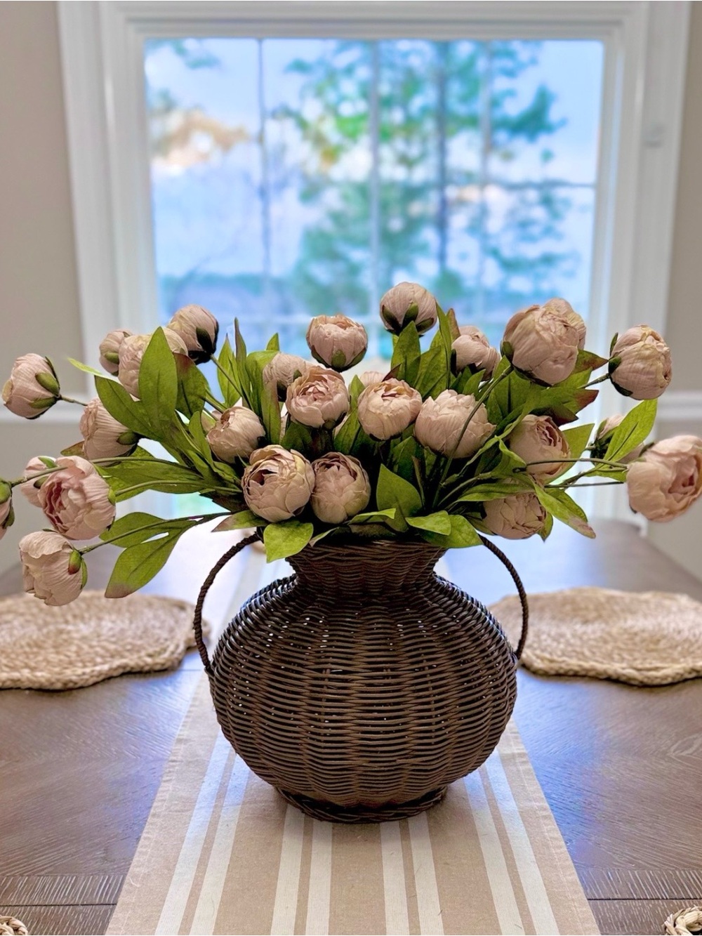Viral Tan Peonies by Ashland Floral Arrangement in a Dark Brown Basket.